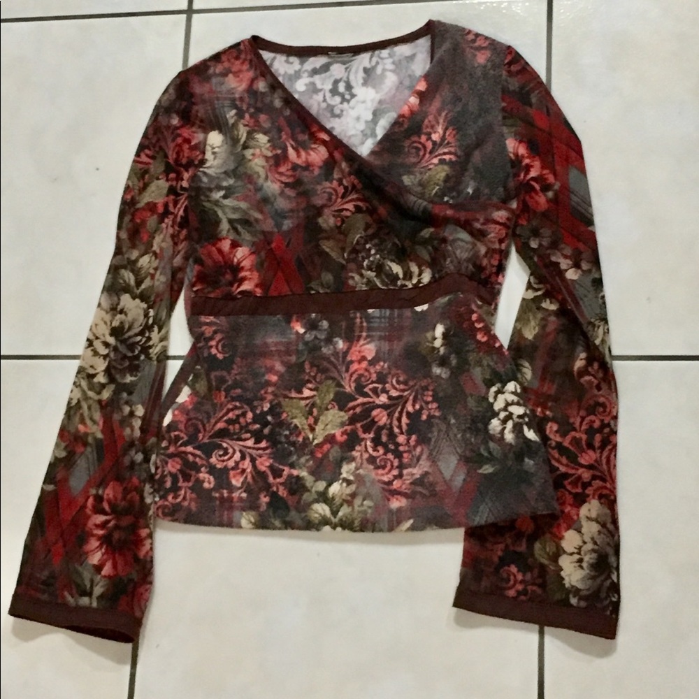 Burgundy multicolored print blouse, size S